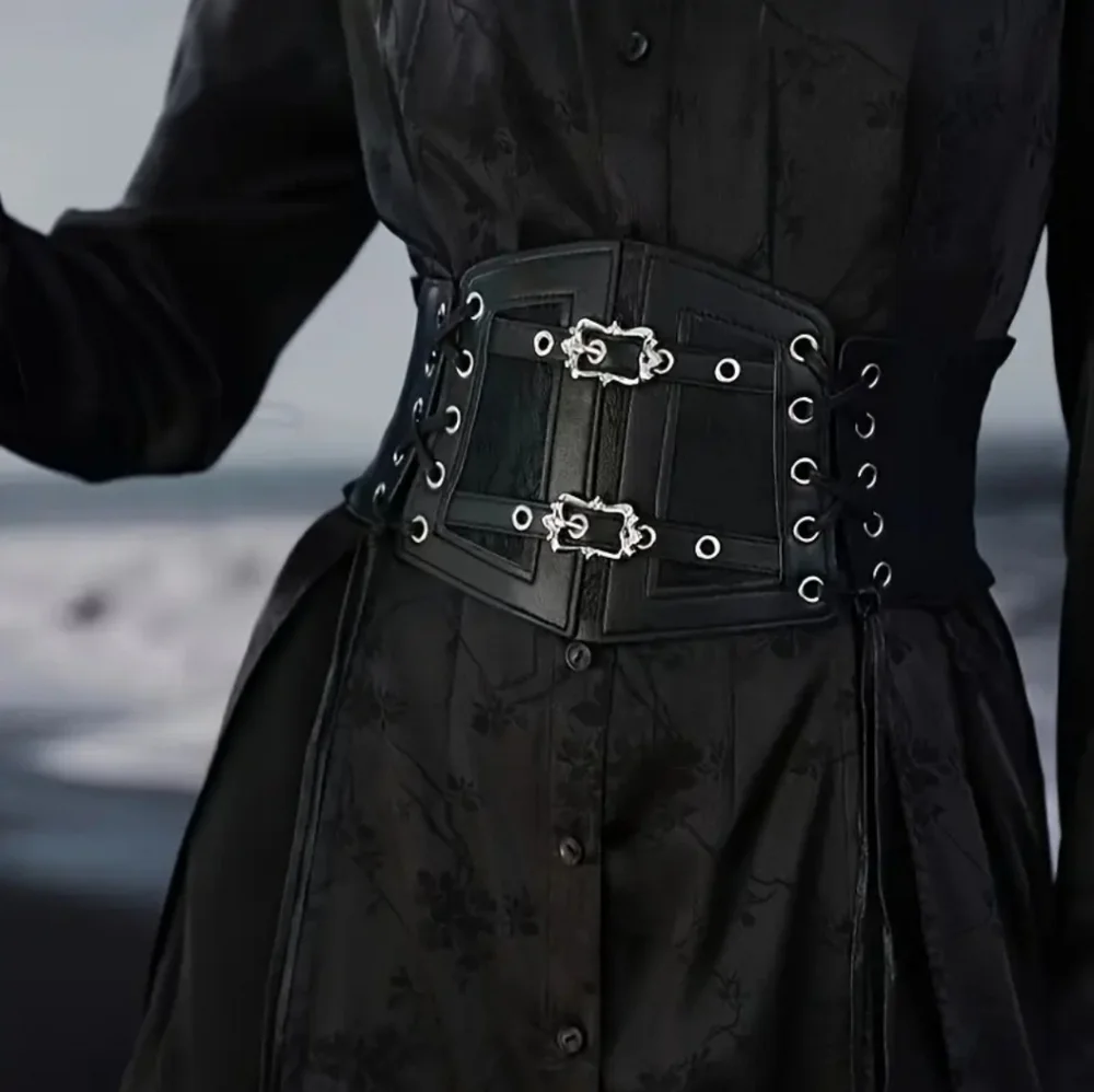 Black Lace-Up Gothic Punk Broad Elastic Waistband Corset Belt